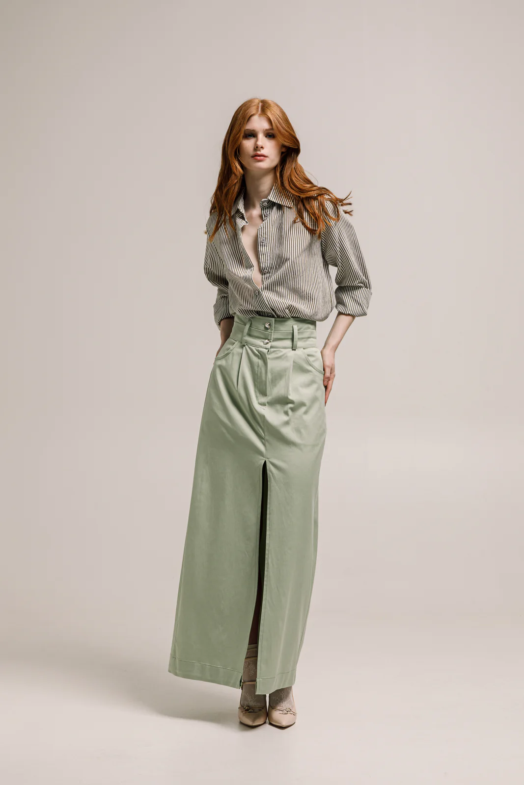 Olina Shirt Striped Army Green - Image 3